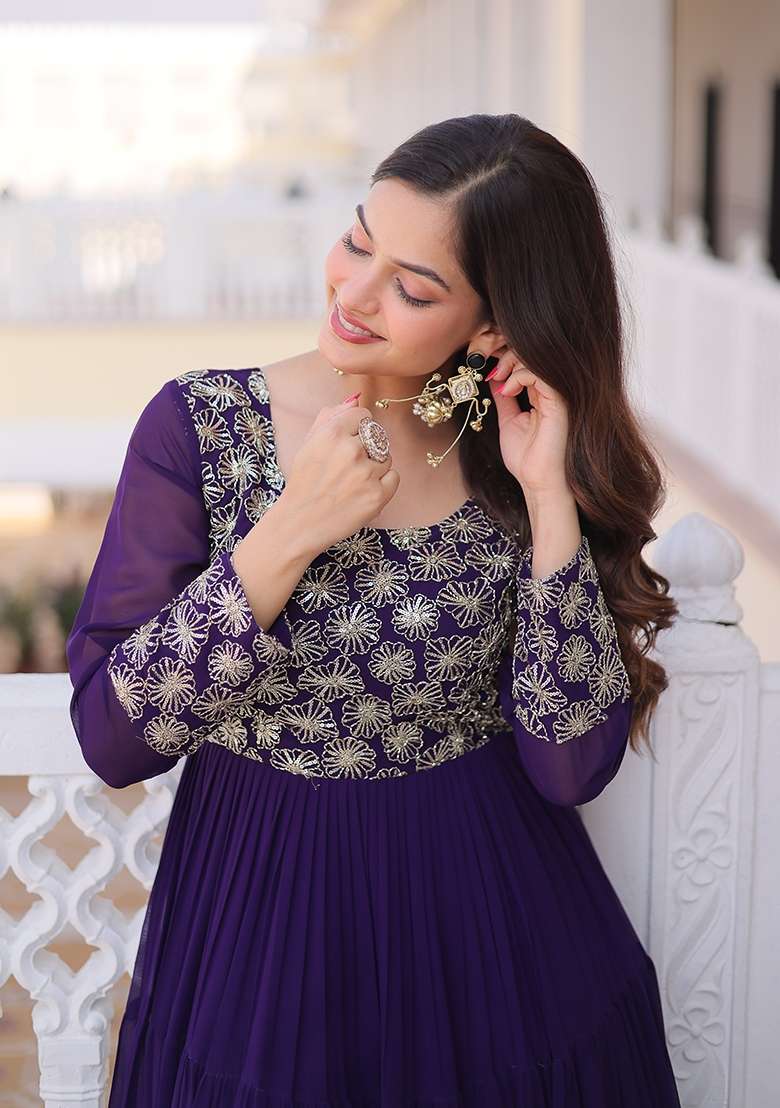 Purple Sequin Work Faux Blooming Anarkali - Indya