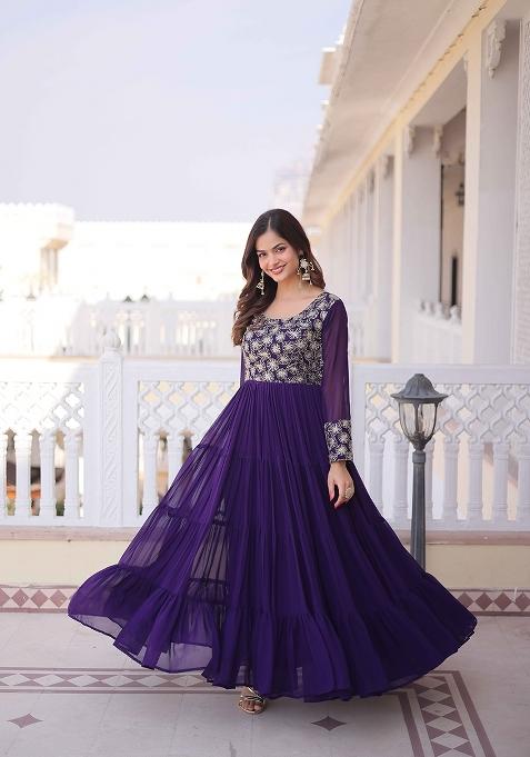 Purple Sequin Work Faux Blooming Anarkali