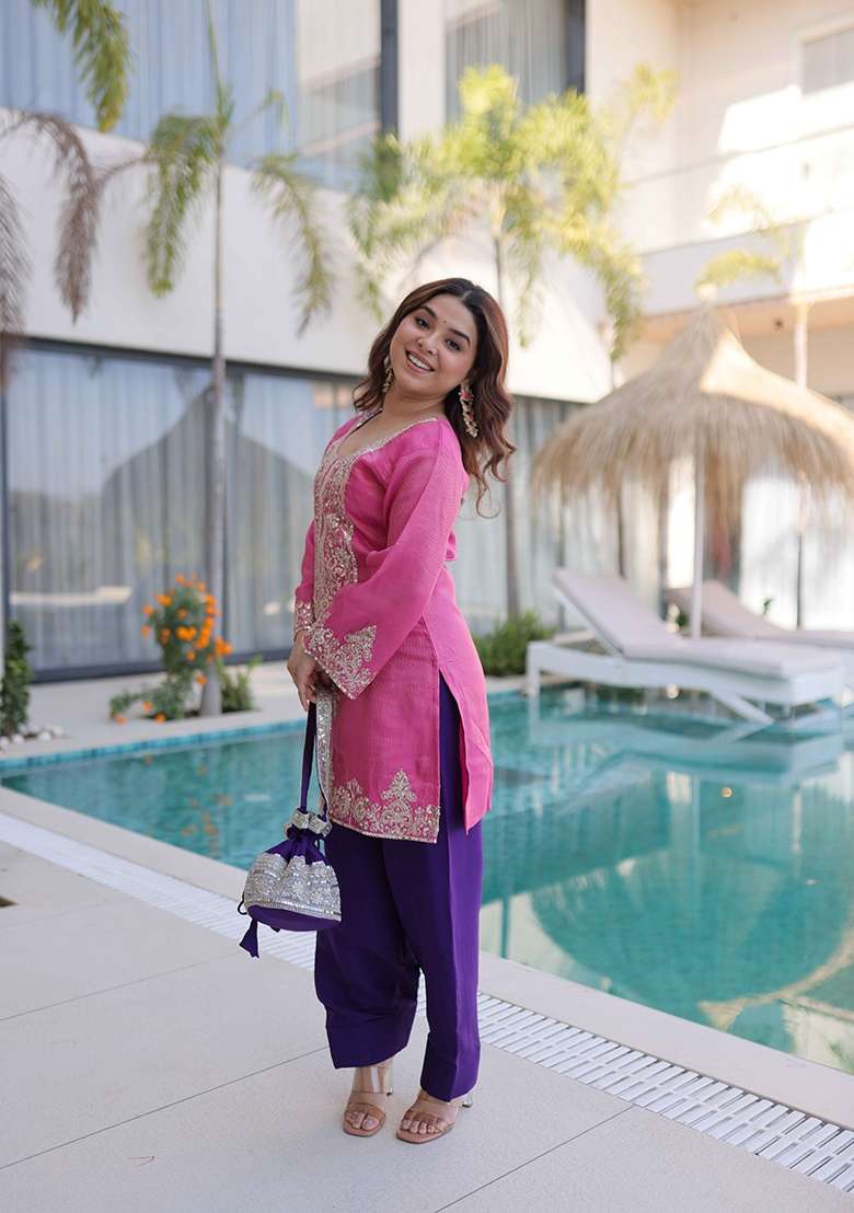 Pink Sequin Work Viscose Anarkali Set - Indya