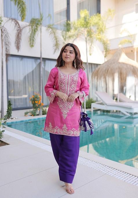 Pink Sequin Work Viscose Anarkali Set
