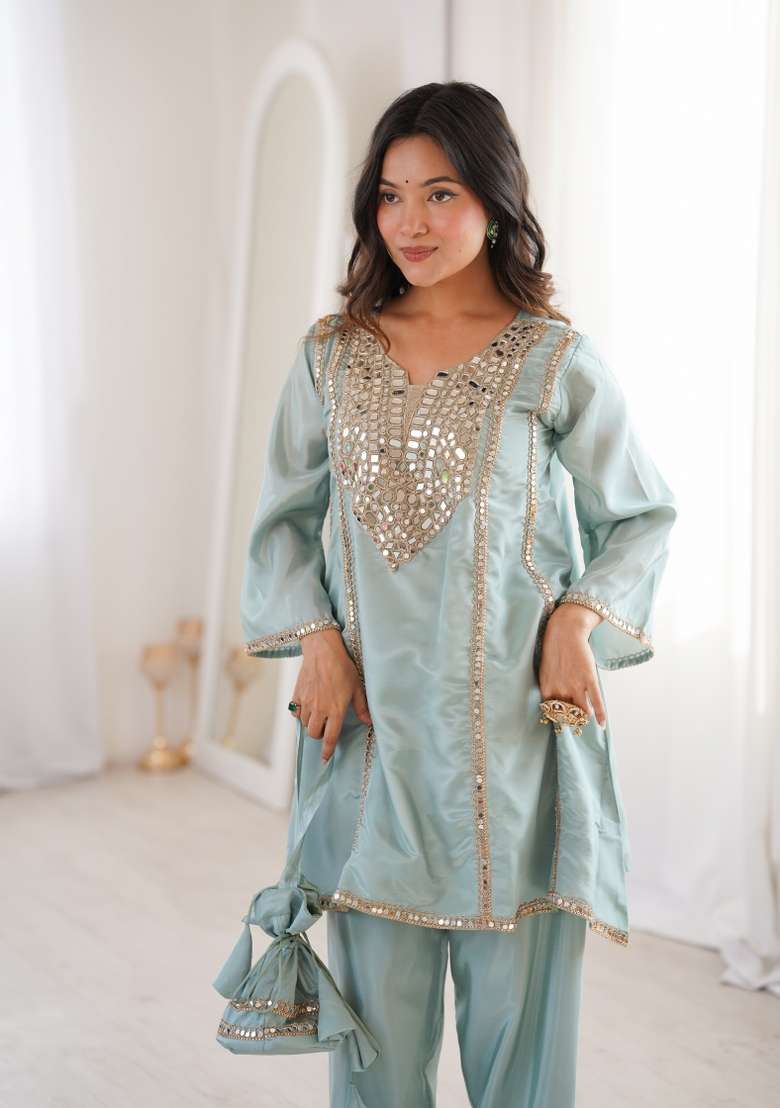 Sky Blue Embroidered HO Fabric Anarkali Set - Indya
