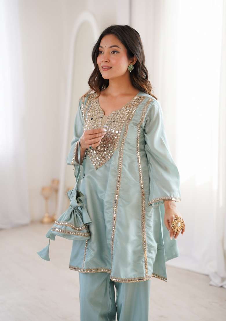 Sky Blue Embroidered HO Fabric Anarkali Set - Indya