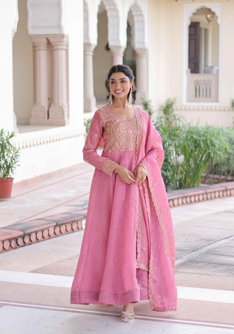 Pink Sequin Work Gold Crush Anarkali With Dupatta
