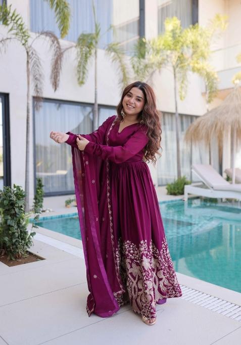 Wine Sequin Work Gold Crush Anarkali With Dupatta