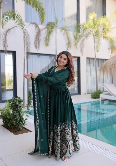 Green Sequin Work Gold Crush Anarkali With Dupatta