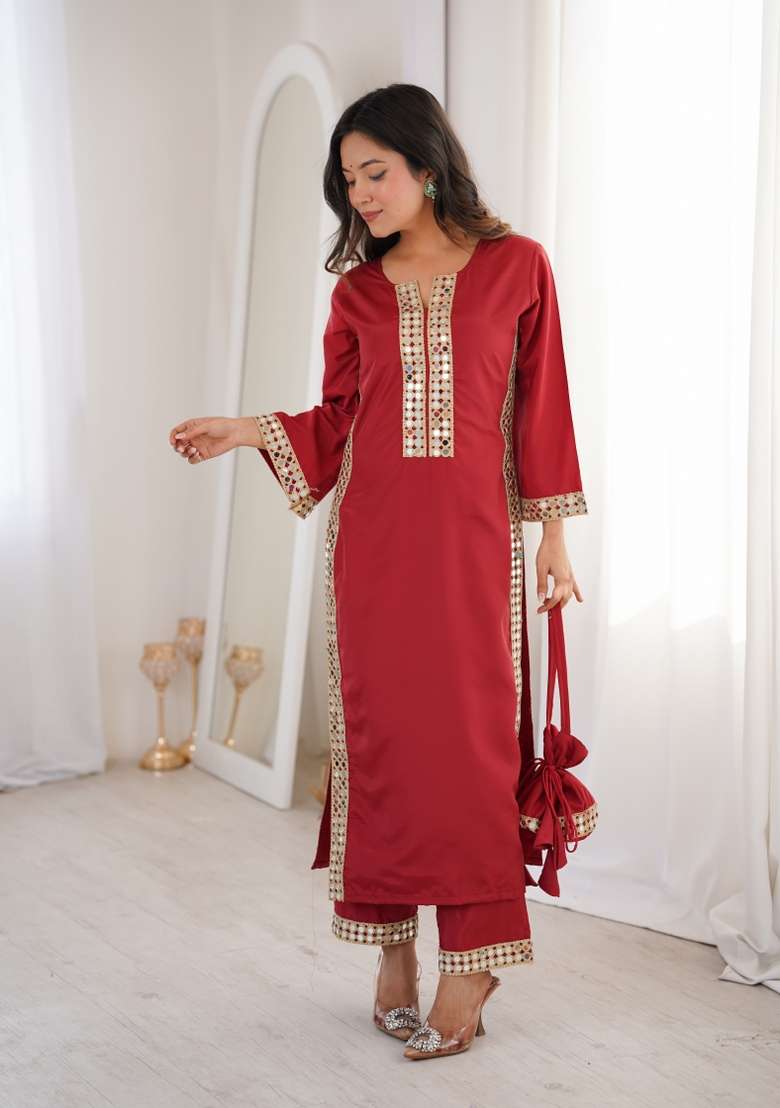 Maroon Mirror Work Crepe Anarkali Set - Indya