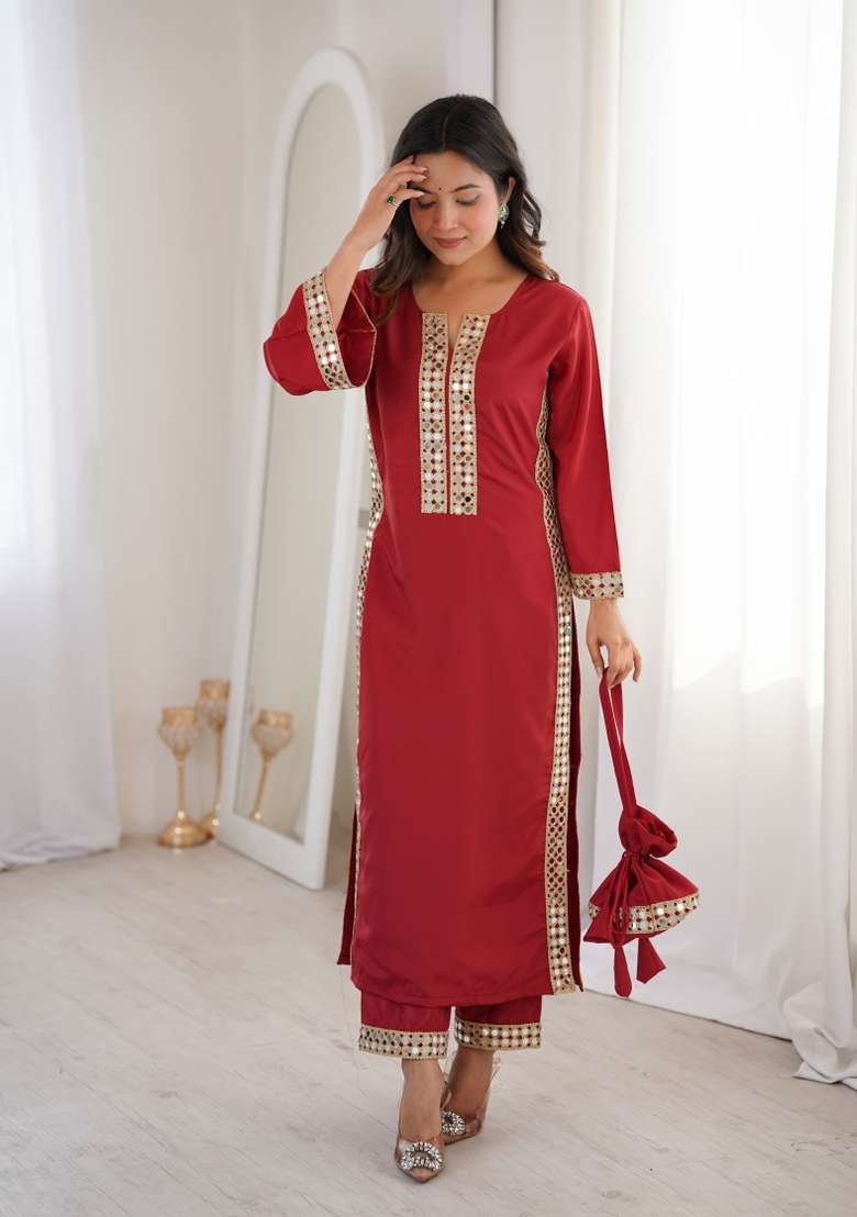 Maroon Mirror Work Crepe Anarkali Set - Indya