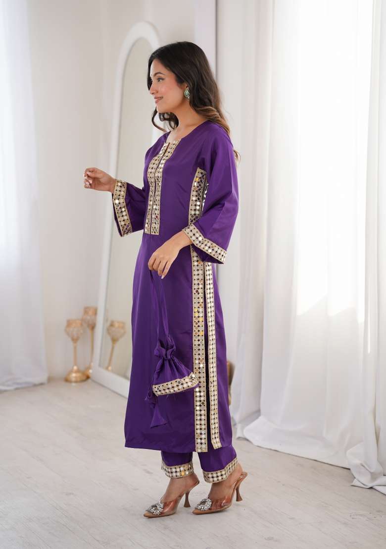 Purple Mirror Work Crepe Anarkali Set - Indya