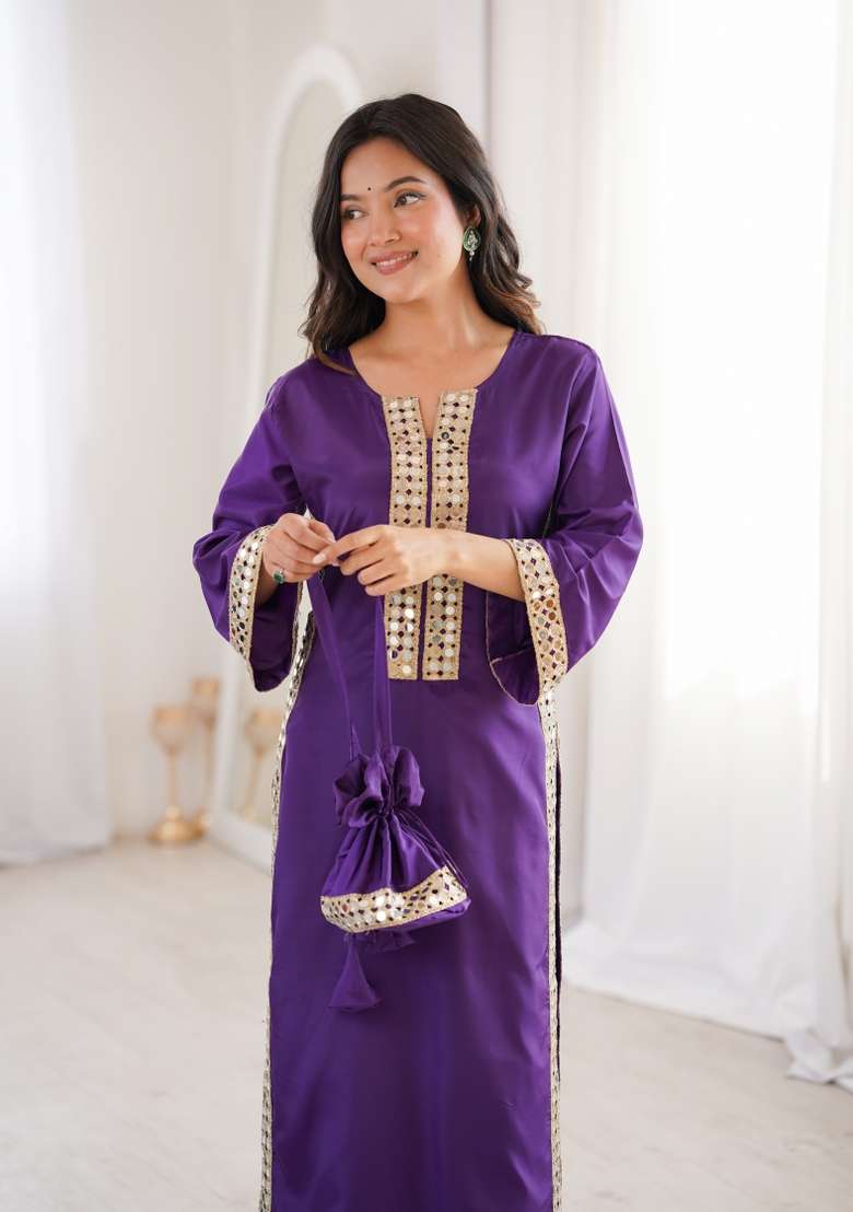 Purple Mirror Work Crepe Anarkali Set - Indya