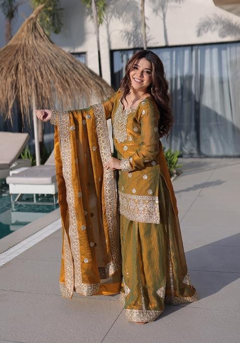 Brown Sequin Work Chiffon Kurta Set