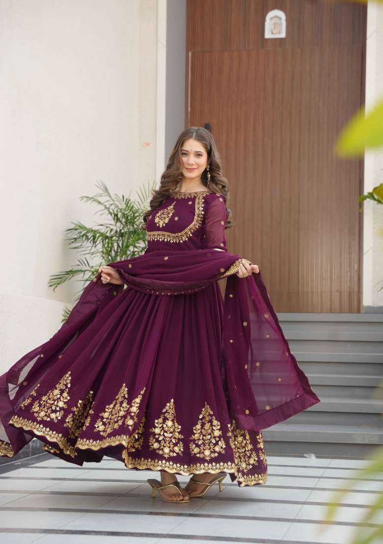 Wine Sequin Work Georgette Kurta Set - Indya