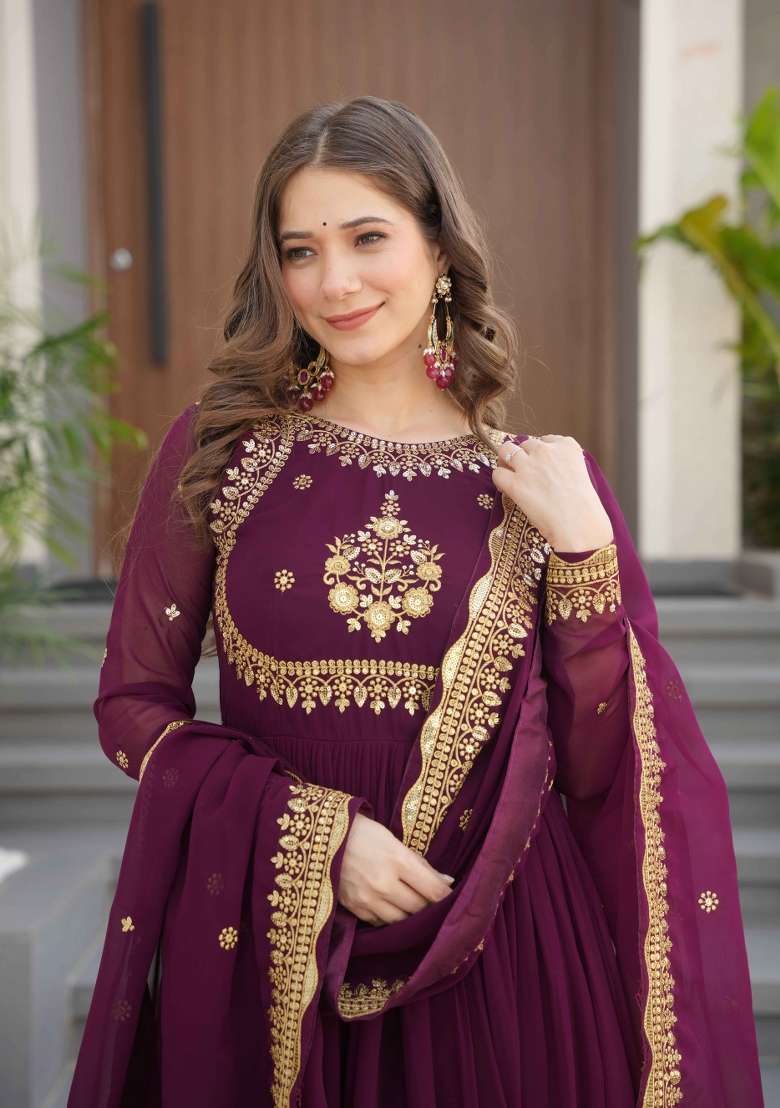 Wine Sequin Work Georgette Kurta Set - Indya