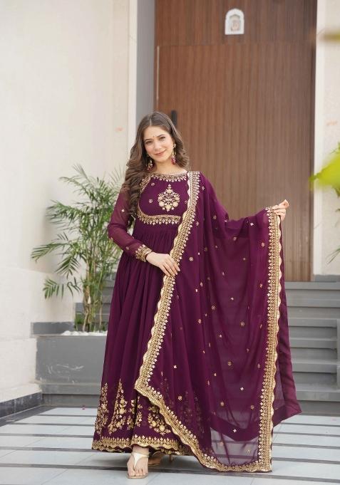 Wine Sequin Work Georgette Kurta Set