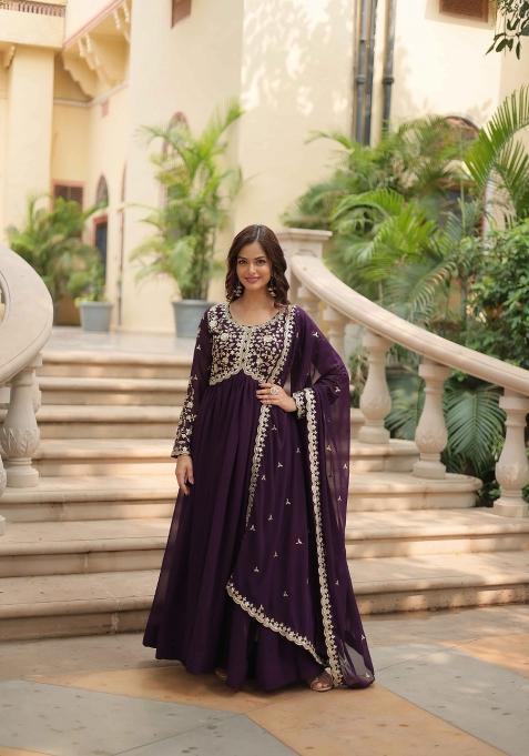 Wine Sequin Work Faux Blooming Anarkali With Dupatta