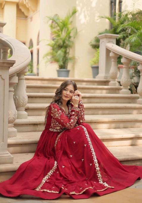 Maroon Sequin Work Faux Blooming Anarkali With Dupatta