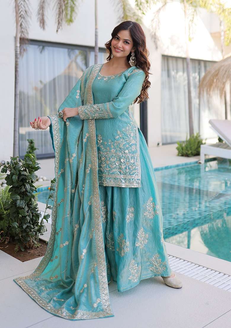 Sky Blue Sequin Work Fendy Kurta Set - Indya