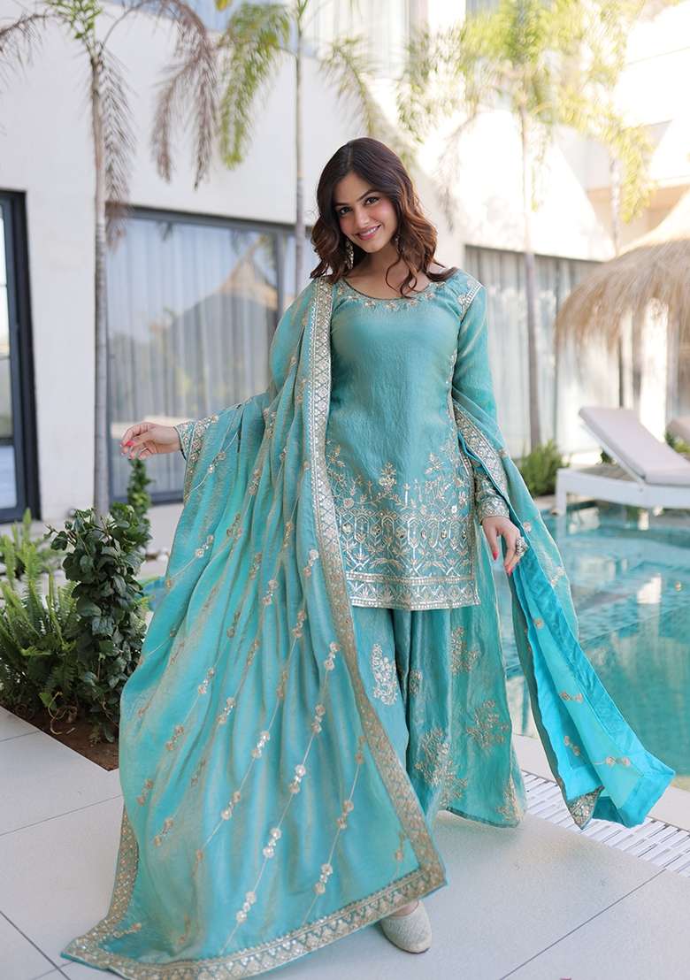 Sky Blue Sequin Work Fendy Kurta Set - Indya