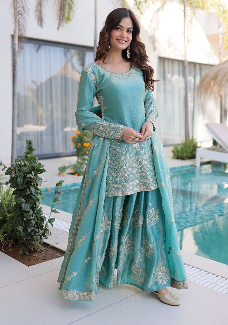 Sky Blue Sequin Work Fendy Kurta Set - Indya
