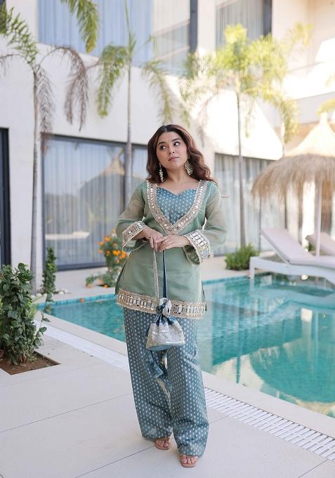 Sky Blue Mirror Work Salasa Anarkali Set