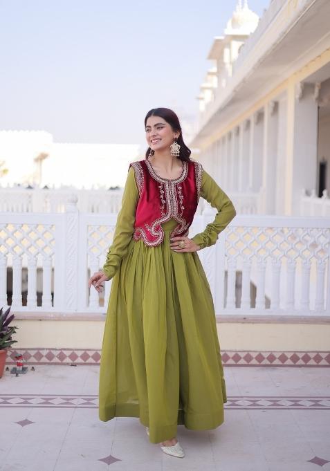 Pista Sequin Work Chanderi Anarkali Set