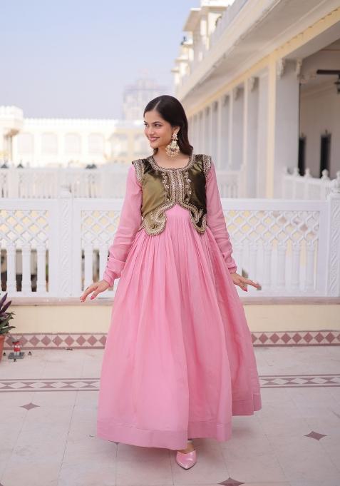 Pink Sequin Work Chanderi Anarkali Set