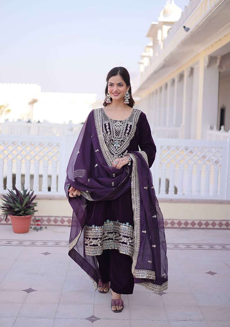 Wine Sequin Work Velvet Kurta Set - Indya