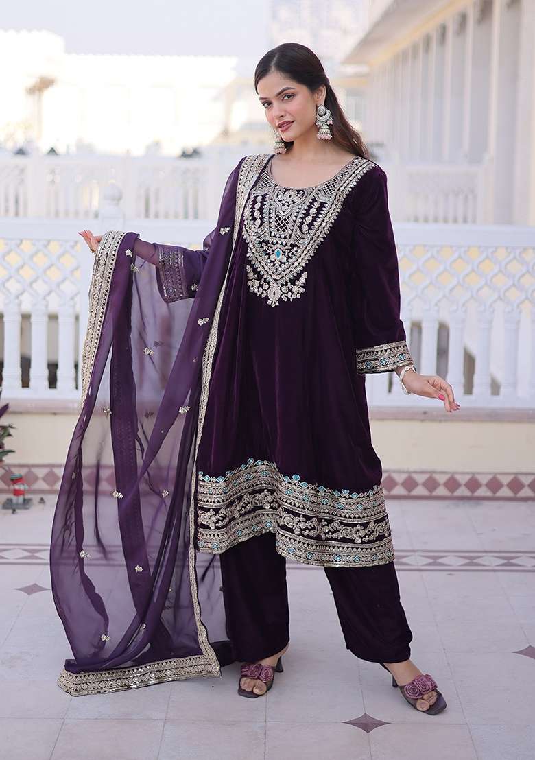 Wine Sequin Work Velvet Kurta Set - Indya