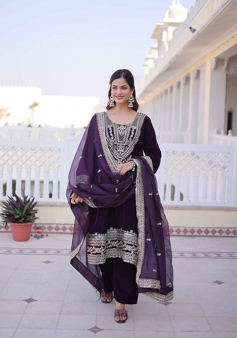 Wine Sequin Work Velvet Kurta Set