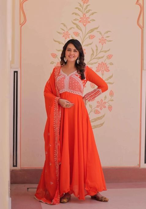 Orange Sequin Work Georgette Anarkali With Dupatta
