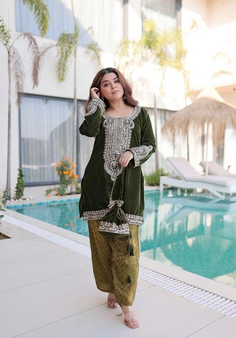 Mehendi Embroidered Velvet Anarkali Set