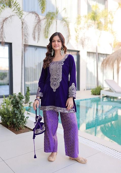 Purple Embroidered Velvet Anarkali Set