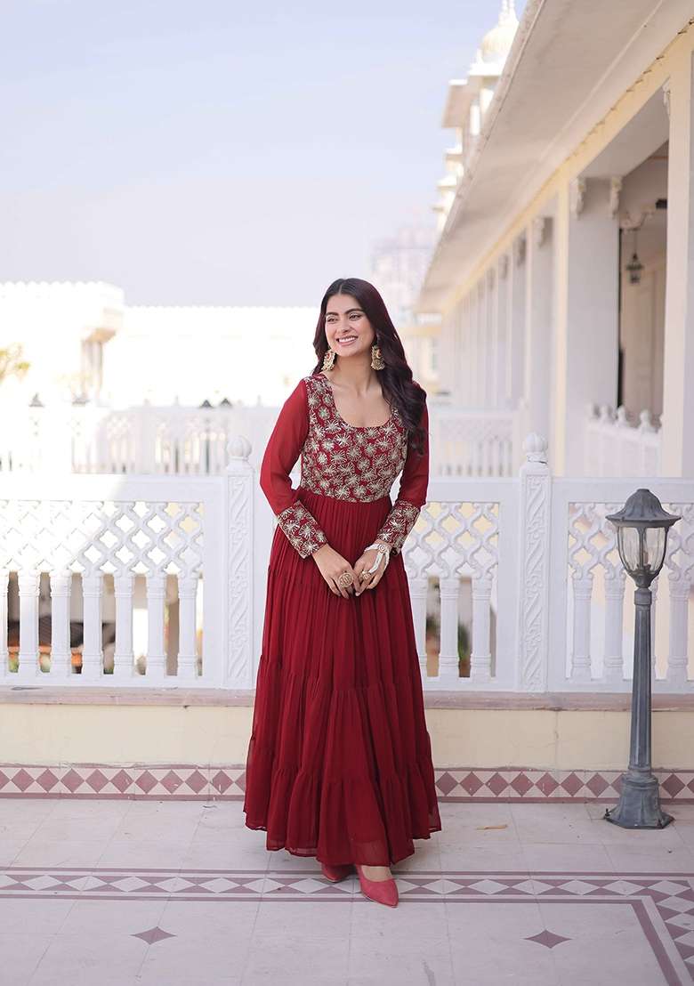 Maroon Sequin Work Faux Blooming Anarkali - Indya