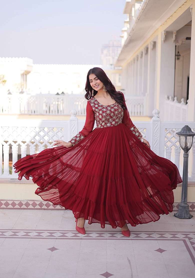 Maroon Sequin Work Faux Blooming Anarkali - Indya