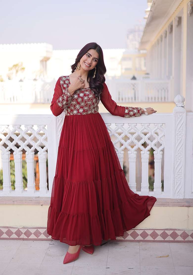 Maroon Sequin Work Faux Blooming Anarkali - Indya