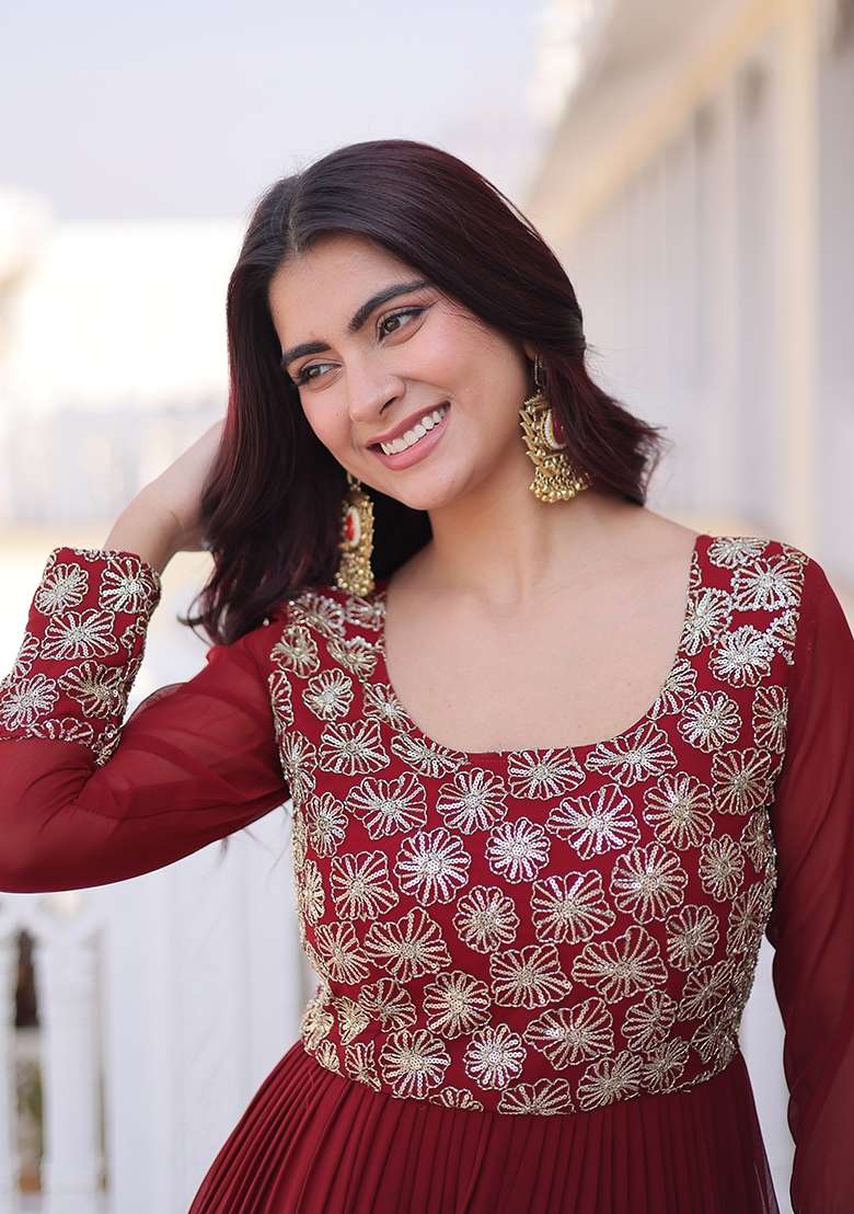Maroon Sequin Work Faux Blooming Anarkali - Indya