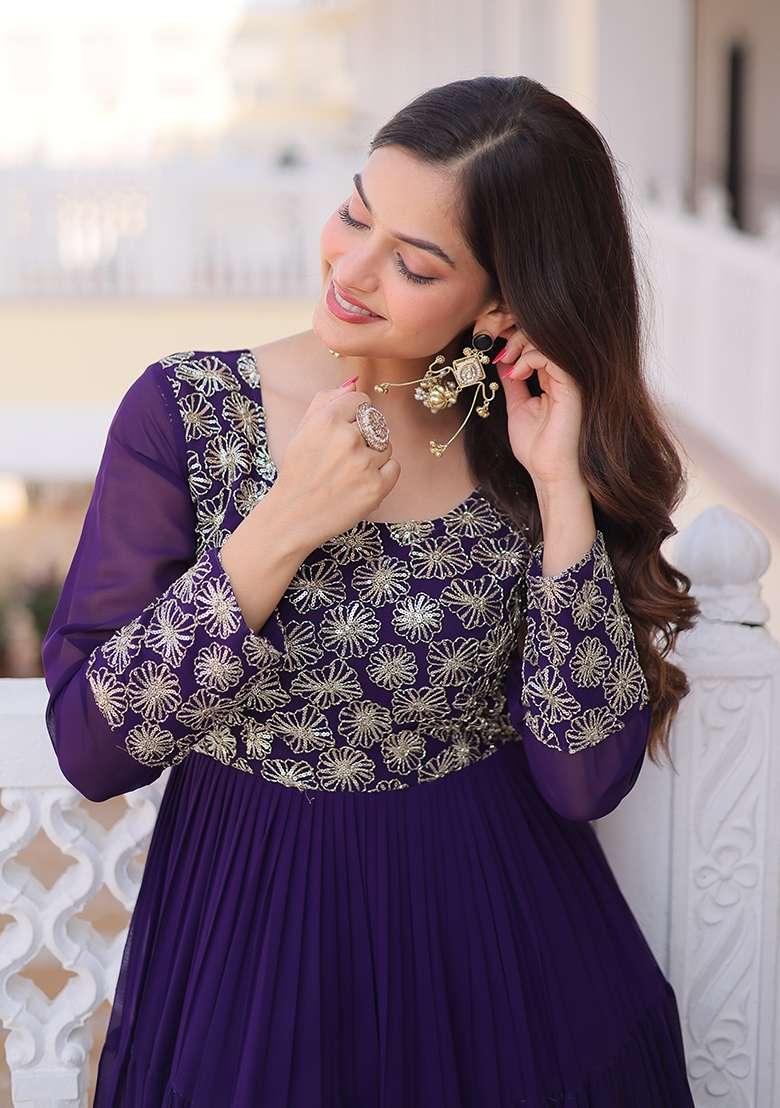 Purple Sequin Work Faux Blooming Anarkali - Indya