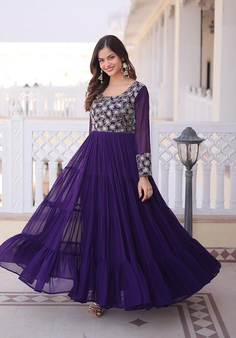 Purple Sequin Work Faux Blooming Anarkali