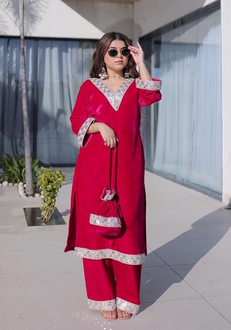 Pink Embroidered Velvet Anarkali Set