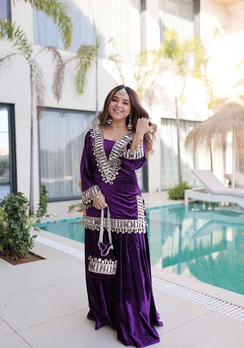Purple Embroidered Velvet Anarkali Set