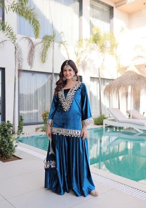 Rama Embroidered Velvet Anarkali Set
