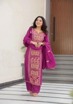 Magenta Embroidered Chinon Kurta Set