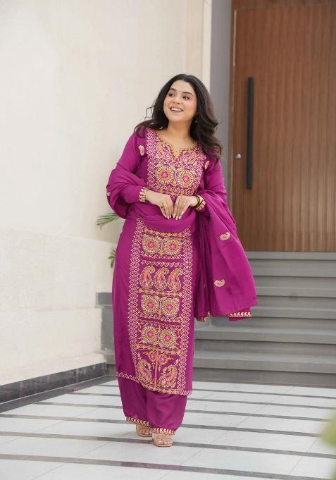 Magenta Embroidered Chinon Kurta Set
