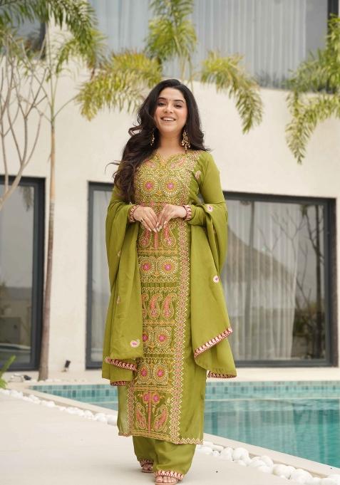Parrot Embroidered Chinon Kurta Set
