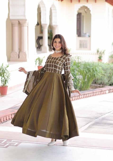 Mehendi Sequin Work Vichitra Anarkali With Dupatta
