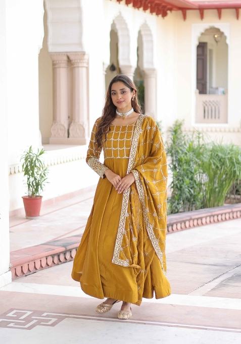 Yellow Sequin Work Vichitra Anarkali With Dupatta
