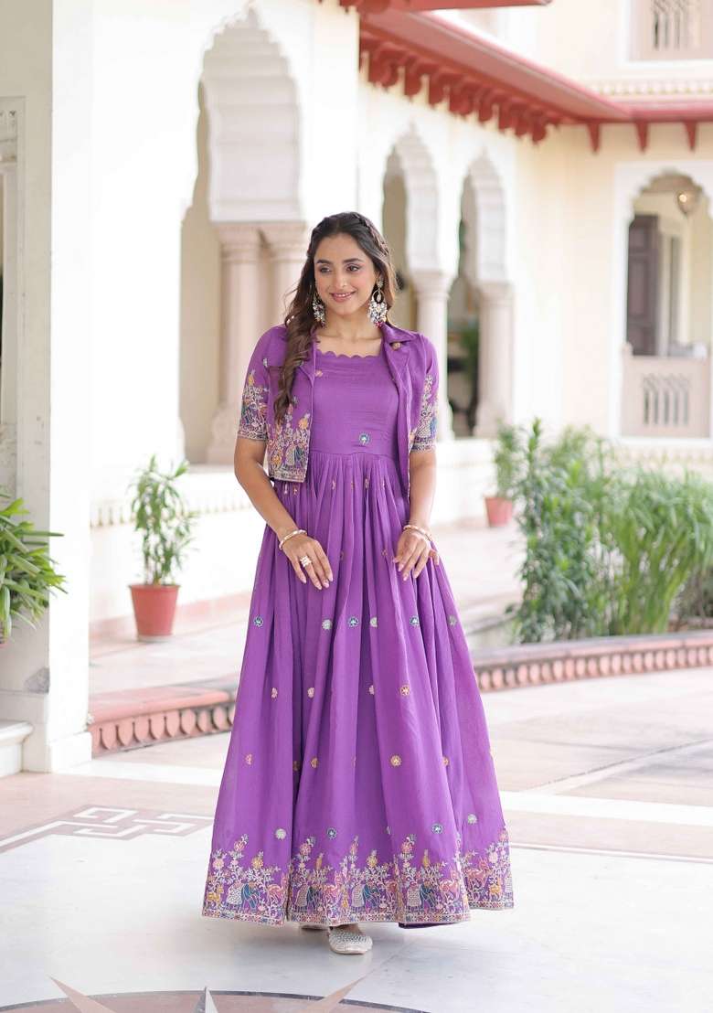 Purple Sequin Work Silk Anarkali Set - Indya