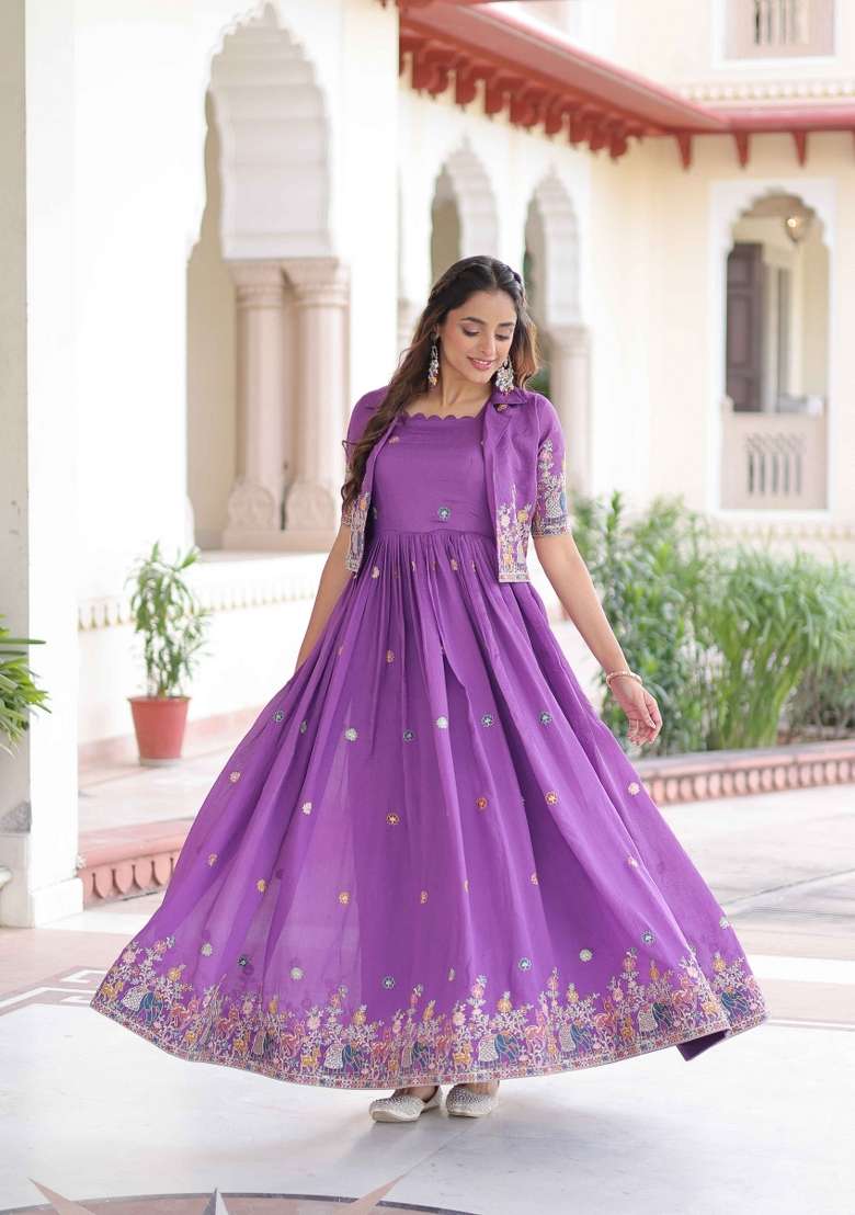 Purple Sequin Work Silk Anarkali Set - Indya