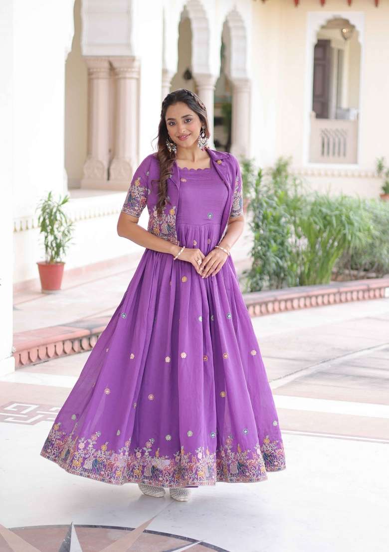 Purple Sequin Work Silk Anarkali Set - Indya