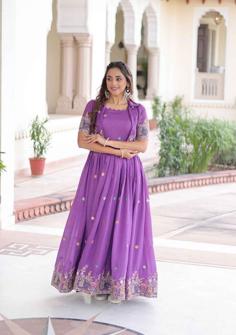 Purple Sequin Work Silk Anarkali Set - Indya