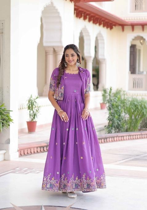 Purple Sequin Work Silk Anarkali Set